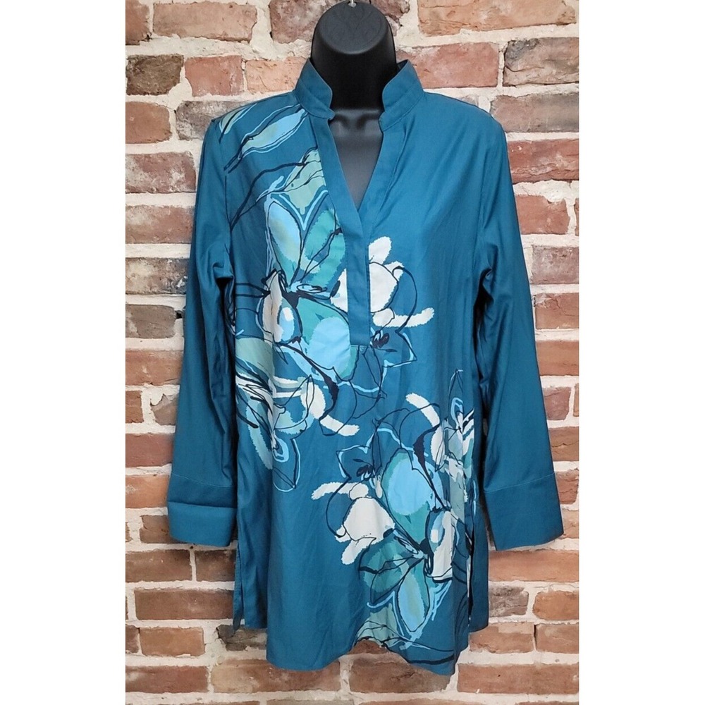 Chicos Tunic Shirt Floral Teal Blue Abstract Size 6 No Iron Stretch